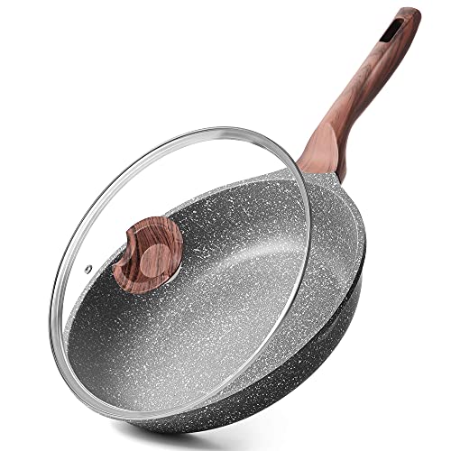 RIOVARM 24cm Antiadherente Sartenes para freír con tapa, Inducción Sartén para Tortilla sin PFOA, Granito Sartenes para huevos con mango de baquelita Woodgrain, Mármol Sartén, Apta para Gas