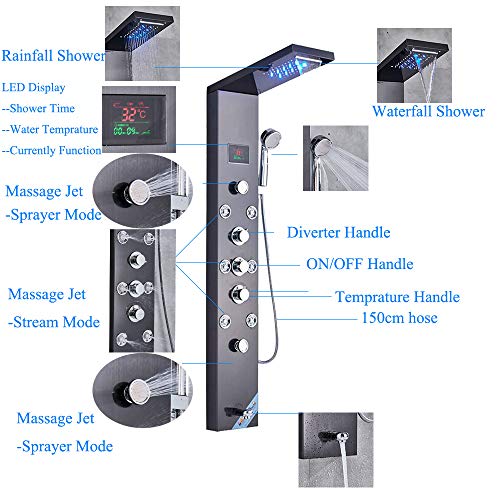 Votamuta LED Light Rainfall Waterfall Shower Head Shower Panel Tower System Rain Massage System with Body Jets,Hydroelectricity Temperature Display Hand Shower and Horizontal Spray Fingerprint-Free - Image 4