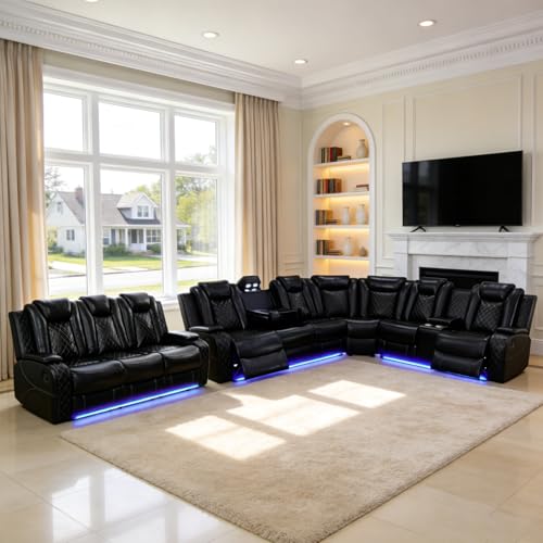 Image of Power Reclining Sectional Couch for Living Room - 4-Seat Power Recliner Sofa, Faux Leather Sectional Recliner, Living Room Sofa Set with LED, USB Ports, Cup Holders, Storage, 500 lb /Seat, Black