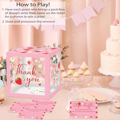 Image of 51Pcs Strawberry Diaper Raffle Tickets with Box for Baby Shower Games, A Berry Sweet Baby Is On The Way Diaper Raffle Card Box for Gender Reveal Raffle Party Decoration Clear Card Boxes