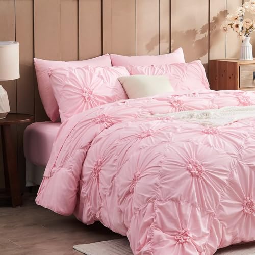 Image of Pink Comforter Set Queen Size Bed in A Bag 7 Piece Pinch Pleat Bedding Set, Pintuck Ruched Flowers Bed Set with Comforter, Sheets, Pillowcases & Shams