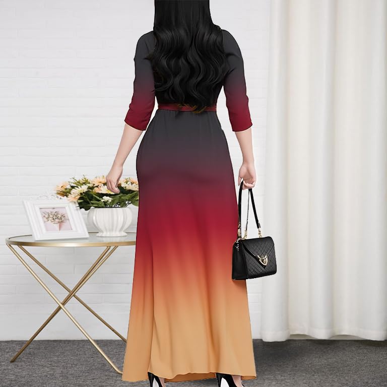Image of CaniBtr Maxi Dresses for Women Plus Size 3 /4 Sleeve Long Dress with Belt | Versatile plus-size maxi dress,wrap v-neck + waist tie craft soft glamorous looks easily for everyday casual outings