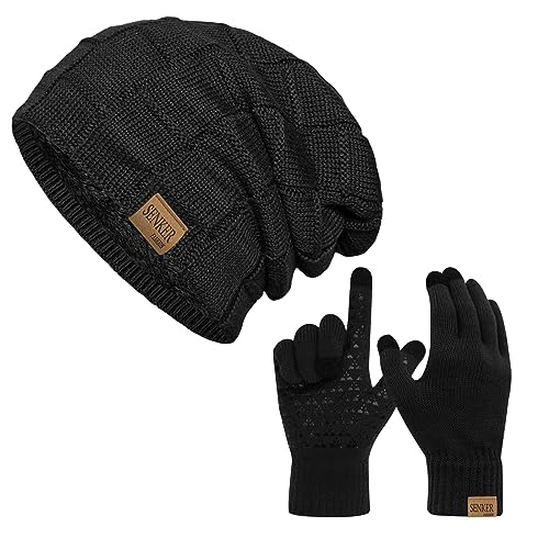 Winter Beanie Hat and Touchscreen Gloves Set for Men Women Warm Slouchy Beanie Thick Knit Gloves...
