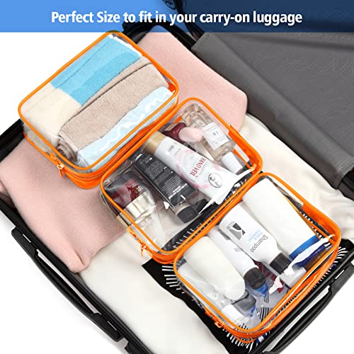 Image of Clear Toiletry Bag, Packism 3 Pack TSA Approved Toiletry Bag Quart Size Bag, Travel Makeup Cosmetic Bag for Women Men, Carry on Airport Airline Compliant Bag, Orange & Orange, 2 Pack, 1 Medium, 1 Large
