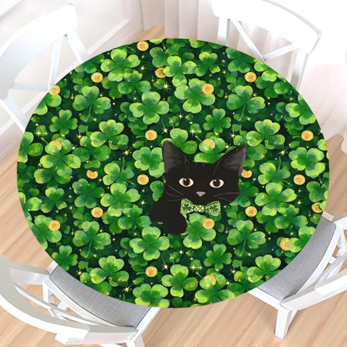 St. Patrick's Day Round Fitted Tablecloth with Elastic Edge,Water-Resistant Green Shamrock Clover Black Cat Lucky Gold Coin Table Cover for 36-40" Stretch Table Cloth for Dinner Indoor Outdoor Party