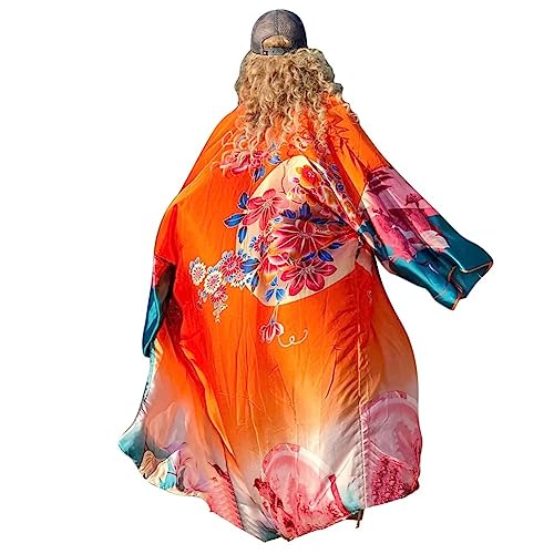 Cárdigan kimono floral de satén largo para mujer estilo bohemio 4