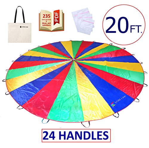 VOMLine Play Parachute 20 ft 24 Dirt Resistant Handles Rainbow Parachute Kids Party
