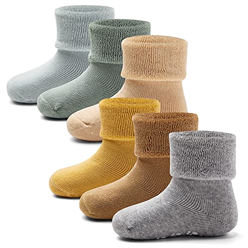 Toddler Warm Socks With Grips For Boys Non Slip Winter Socks Girls Thick Crew Socks 6 Pack 2-4 Years