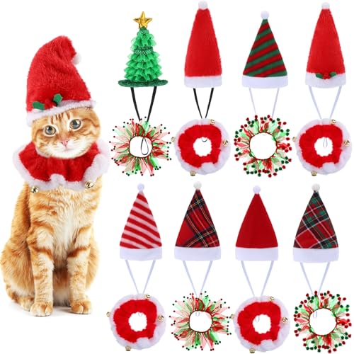 Clysee 16 Pcs Cat Christmas Costume Suit Santa Hats and Tutu Collar Xmas Cat Outfit Green Shiny Hat Christmas Cat Collar with Bell Hat Kitten Outfit Clothing for Puppy Cat Pets Gift