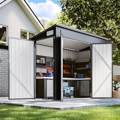 BinpLax 8'x4' Shed Galvanized Steel Storage Sheds with Triple Doors Weatherproof Outdoor Utility Sheds, Dual Lock Lean to Shed for Mower, Bike, Generator, Garden Tools (Black)