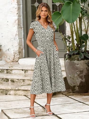 Image of BerryGo Women's Floral Boho Ruffle Summer Midi Dress Short Sleeve V Neck Empire Waist Swing Flowy Dress
