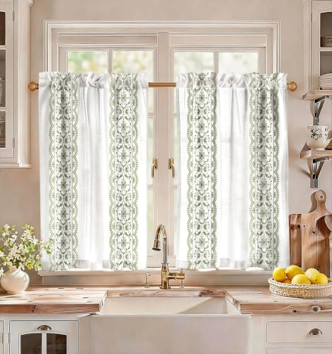 Image of Miss Adola Boho Kitchen Curtains - 36 Inch Length Linen Blend Green Floral Cafe Curtains Farmhouse Tier Curtain Short Drapes Rod Pocket for Bathroom Living Room Windows Light Filtering, 2 Panels