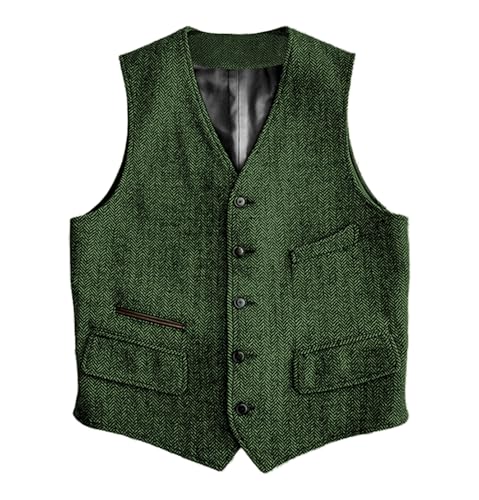 Image of SOLOVEDRESS Mens Vintage Classic Herringbone Pattern Suit Vest V Neck Casual Wool Blend Waistcoat for Men