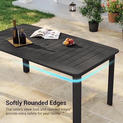 Image of 5-Piece Outdoor Dining Set for 4, HDPE Patio Dining Table and Stackable Chairs Set, Weather Resistant Rectangular Table with Umbrella Hole for Garden, Backyard, Lawn and Poolside, Woven Black