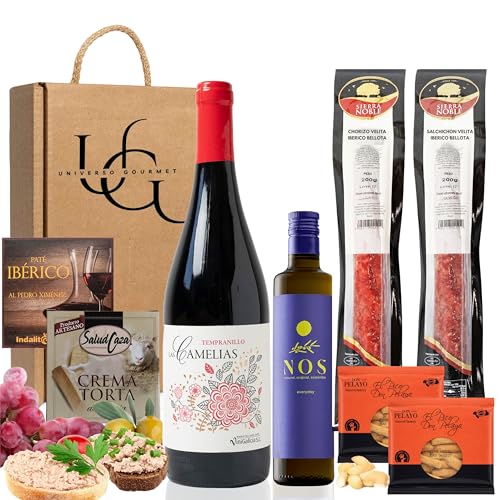 UNIVERSO GOURMET | Cesta Gourmet para Regalar | Vino Tinto | Aceite Oliva Virgen Extra Arbequina | Chorizo y Salchichón Ibérico Bellota | Paté Ibérico y Crema de Queso de Oveja | Picos | Cesta Regalo