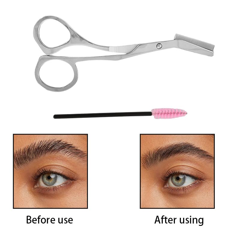 Eyebrow Scissors, Stainless Steel Eyebrow Scissors with Cleaning Brush Eyebrow Scissors with Comb for Women Men(Silver)