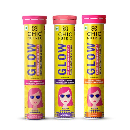 Image of Chicnutrix Glow - 500mg Japanese Glutathione & Vit. C for Brighter Skin | 60 effervescent tablets | Skin Glow & Radiance | Strawberry Lemon, Black Currant & Orange
