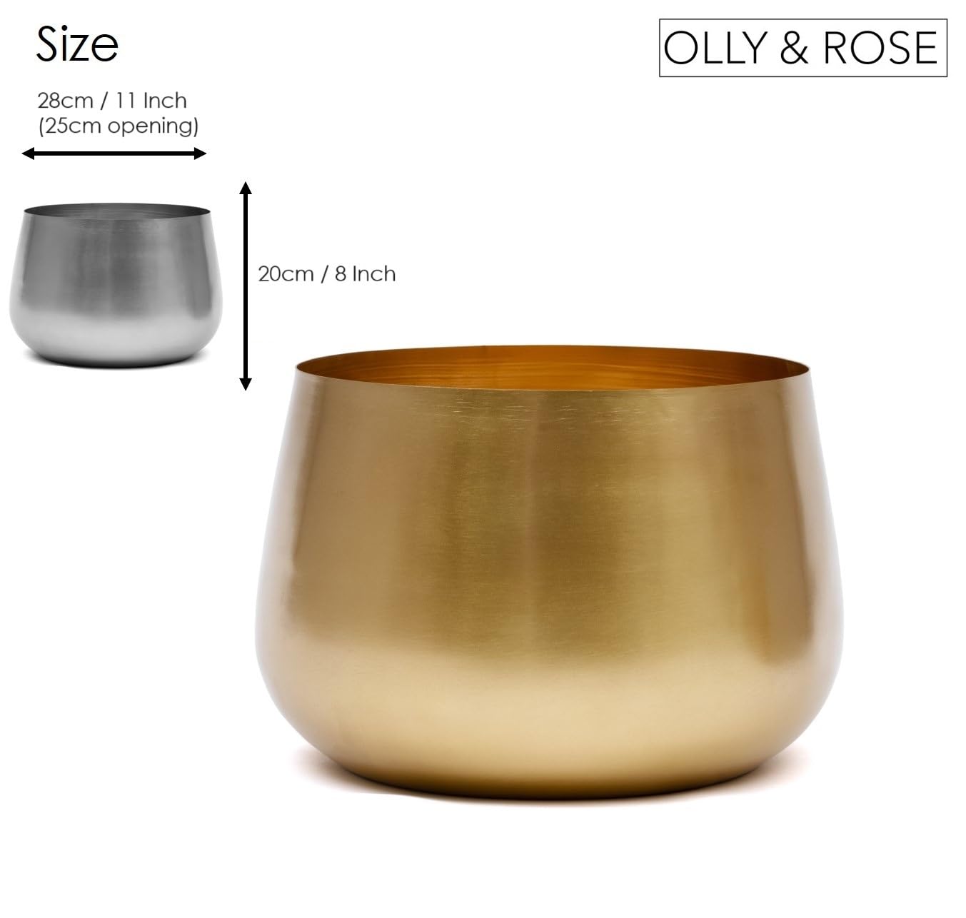 Olly & Rose Grande vaso per piante dorato, vaso per piante in metallo, per interni, 28 cm (25 cm nella parte superiore), grande vaso per fiori (oro, 28 cm)
