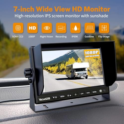 Image of Backup Camera System for Truck, DVR System with Brand V500 chip, VECLESUS VDS HD 1080P 7-Inch Backup Camera System, Waterproof Rearview Camera,4 Video 2 Audio Inputs, for Trucks, RVs,Vans,UVs,Cars