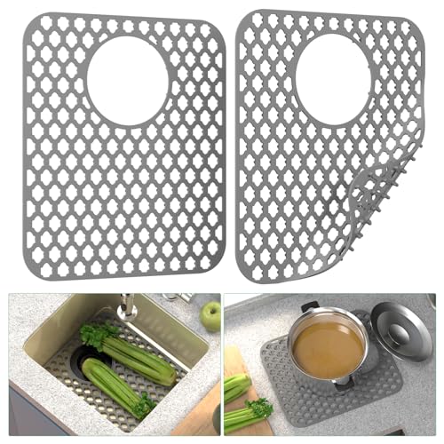 TOOVEM Kitchen Sink Mats, 2PCS Non-Slip Heat Resistant Silicone Sink Protector Mat, Folding Farmhouse Rear Drain Sink Mats, Side Drain, Grey TOOVEM Kitchen Sink Mats, 2PCS Non-Slip Heat Resistant Silicone Sink Protector Mat, Folding Farmhouse Rear Drain Sink Mats, Side Drain, Grey
