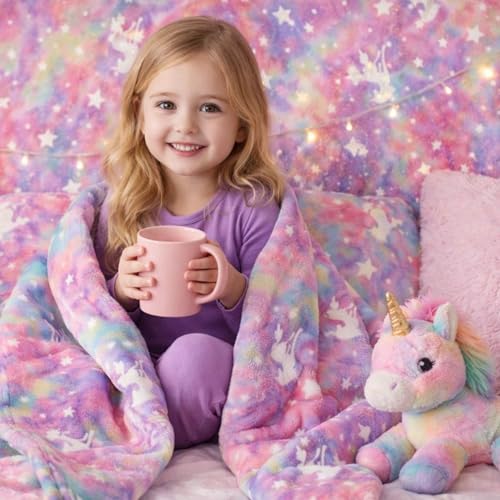 Image of Glow-in-the-Dark Enchanted Rainbow Unicorn Blanket for Kids-Super Soft Rainbow Pink Fleece Throw, 150x200 cm Unisex Glow Blanket,Magical Winter Bedtime Gift that Glows Beautifully At Night | Super Soft Rainbow Pink Fleece Throw, 150x200 cm, Unisex, Magical Winter Bedtime Gift, Glows Beautifully At Night