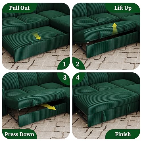Image of 83.5 inch Corduroy Sectional Sleeper Sofa, Pull Out Couch with Storage, Green