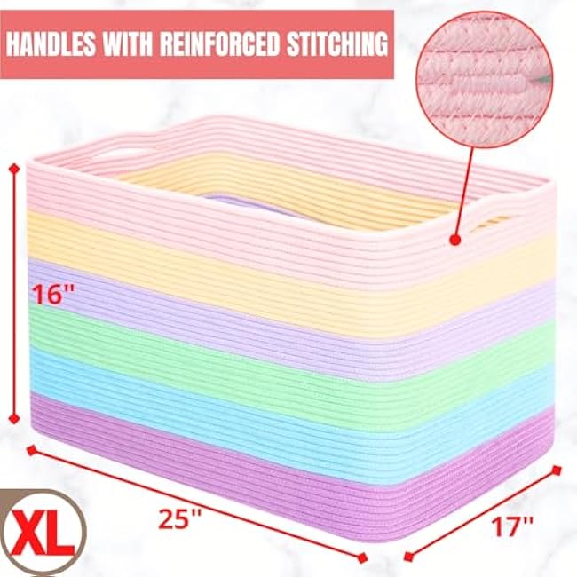 MINTWOOD Design 112L Extra Large Blanket Basket Holder Living Room, 25x17x16 Rectangle Rope Woven Storage Basket with Handles for Laundry, Towels, Shoes, Dog Toy Organizer Bin Box, Pastel Rainbow
