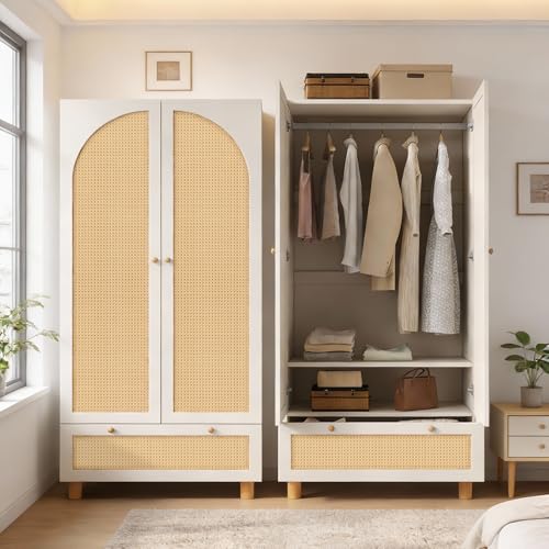 Yihomfy Armoire De Chambre, Armoire en Rotin à 2 Portes avec Grand Tiroir, éTagèRes RéGlables en Hauteur Et Tringle à VêTements, Anti-Basculement 180 X...