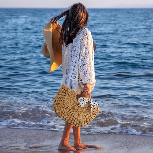 Image of YYW Straw Bags for Women,Hand-woven Straw Top-handle Bag with Round Ring Handle Summer Beach Rattan Tote Handbag
