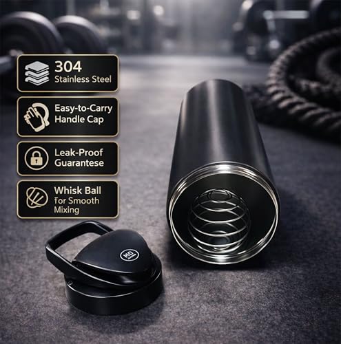 Image of Stainless Steel Protein Shaker Bottle, 100% Leakproof Metal Gym Shaker, Durable Steel Gym Sipper Bottle for Smooth Protein Mixing with Measurement 700 ml (Black)