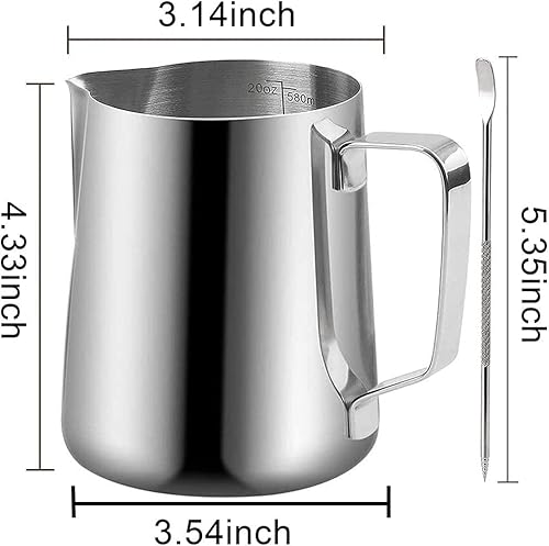 Miniatura 4 de Jarra de espuma de leche de 20 onzas, 304 acero inoxidable 20.3 fl oz leche lata taza de espuma de café con pluma art deco jarra de leche taza de