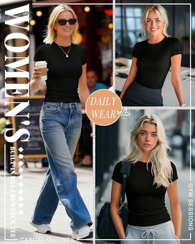 Image of Evervibe Women Built-in Bra Short Sleeve Shirts Crewneck T-Shirt Slim Fit Going Out Tops Casual Summer Basic Tees