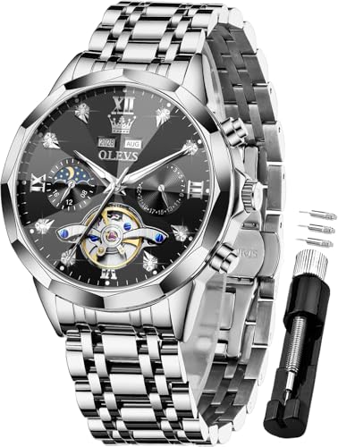 Image of OLEVS Men Automatic Watch Diamond Skeleton Mechanical Luxury Self Winding Moon Phase Calendar Waterproof Wrist Watch for Men