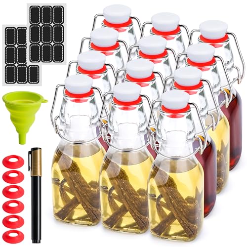 Image of Vanilla Extract Bottles [4oz, 12-Pack] - Flip Top Swing Top Glass Bottles for Homemade Extracts, Kombucha, Coquito, Juice - Airtight Leak-Proof Caps with Funnel, Extra Gaskets, Labels & Marker