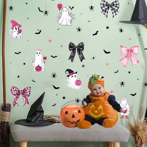 2 Large Sheets Halloween Wall Decals Cute Bow Ghost Wall Decor Spider Bats Design Wall Stickers for Home DIY Room Kitchen Bathroom Mural Stickers Halloween Decoration Supplies