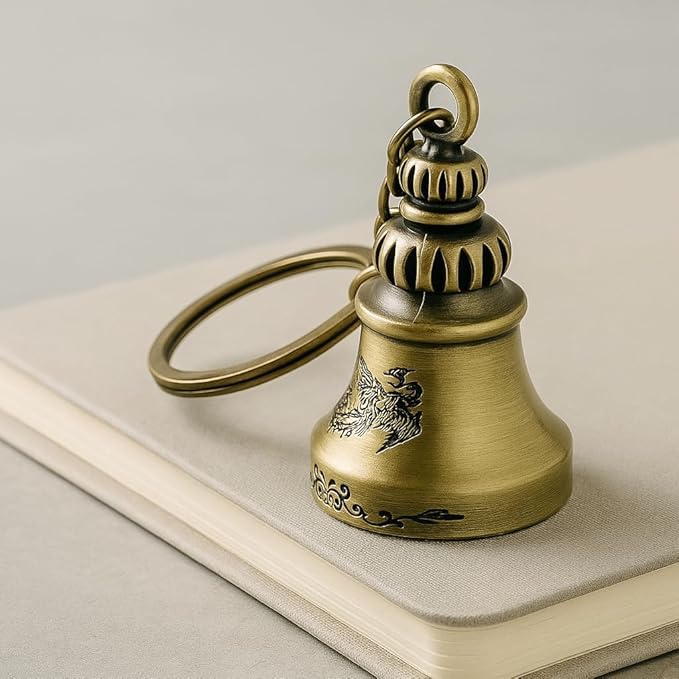 Iqnex guardian bell for bike Tibetan Key Chain Good Luck Key Chain For Bike key ring Positivity | Antique Finish | 10 CM Dragon & Bird Engravings for bike (Gold)