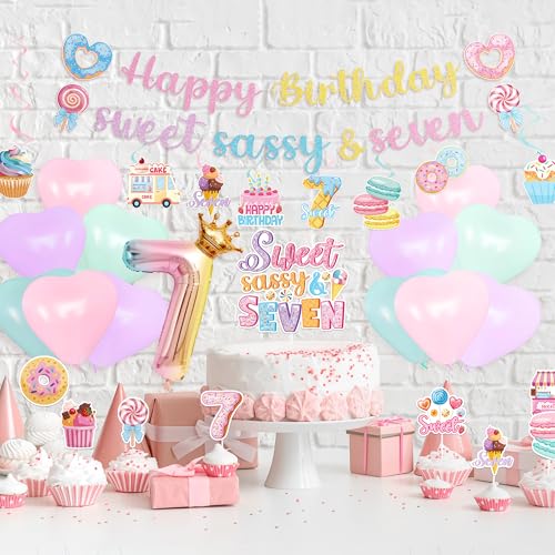 Image of 7th Birthday Party Decorations - 40 Pcs Donut Sweet Sassys and 7 Hanging Swirls Decors Sets for Girls Seven Candy Celing Banner Supplies Happy Dessert Insert Cupcake Toppers Balloons Favors