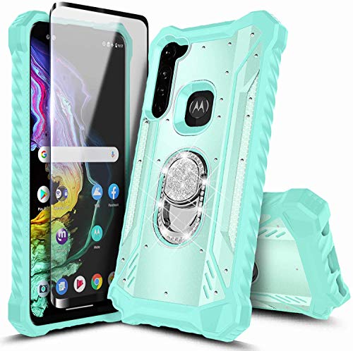 E-Began Moto G Power Case with Tempered Glass Screen Protector, Magnetic Metal Built-in Diamond Ring Holder Stand, Full-Body Protective Shockproof Military Case for Motorola Moto G Power (2020) -Teal