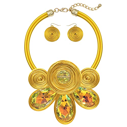 JHWZAIY Chunky African Statement Necklace For Women Tribal Fashion Costume Jewelry Earring Sets Unique Colorful Big Rhinestone Crystal Pendent Collar Choker Bib Handmade (63)