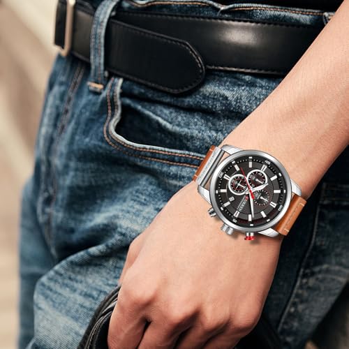 Image of FANMIS Mens Sport Military Analog Quartz Watch Chronograph Classic Casual Business Dress Waterproof Watch Multifunctional Wristwatch with Leather Strap