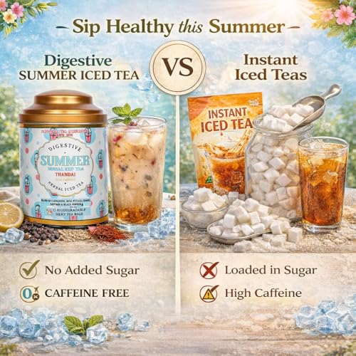 Image of Sancha Tea Boutique, Thandai Iced Tea, 15 Pyramid Bags, Summer Cooling Drink, Caffeine-Free Herbal Tisane with Real Saffron, Sugar-Free, Not Instant