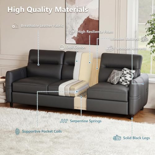 Image of 85'' Black Faux Leather Couch with USB, 3-Seater Sofa for Living Room | Large Leather Sofa and Comfy Couch, Mid-Century Modern Design with Comfy Seating, Office Apartment Bedroom, Black