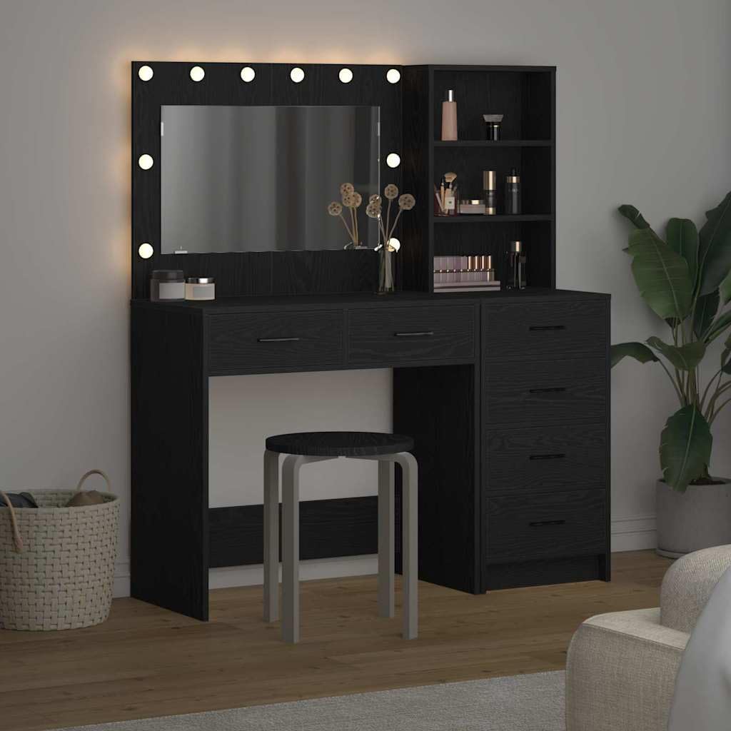 Tavolo da Trucco Nero in Legno multistrato 78,5 x 41 x 135 cm con Cassetti e Strisce LED per Camera da Letto, Mobiletto Organizzatore Salvaspazio per Make Up e Cosmetici