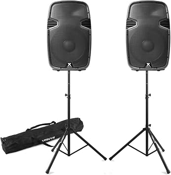 VONYX SPJ-15 Active Bluetooth DJ Speaker System Pair with Tripod Stands & Carry Bag - 1600W Powered PA Speakers Set, USB/SD MP3, Wireless Audio for Parties & Events