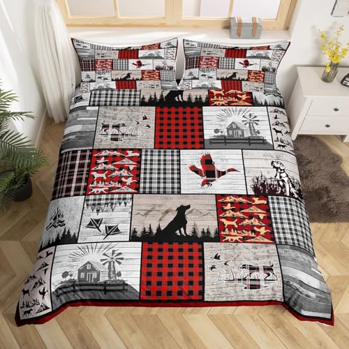 Feelyou Duck Hunting Dog Duvet Cover Plaid Rustic Cabin Bedding Set Mallard Duck Comforter Cover for Boys Girls Geometric Checkered Camping Hunting Bed Set Twin Size with 1 Pillow Case (No Comforter)
