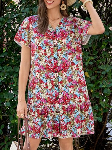 Image of Imysty Womens Polka Dot V Neck Button Down Ruffles Loose Mini Short T-Shirt Dress