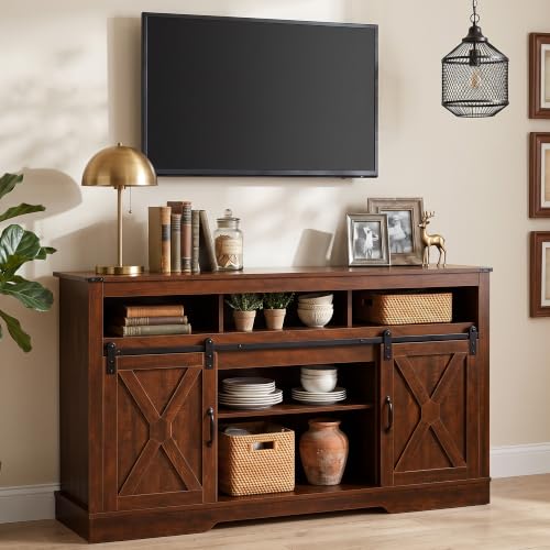 Image of RoyalCraft Farmhouse TV Stand for 23 inch Fireplace, 34'' Tall Entertainment Center for 65+ Inch TV, 34 inch Tall Rustic TV Console with Sliding Bar Door for Living Room Brown