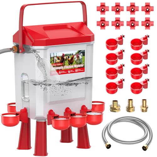 3 Gallons Automatic Chicken Waterer with 8 Chicken Water Cups 8 Nipples 6 Plugs Float-Controlled Chicken Water Feeder with 60 Inch 3/4 Water Hose Poultry Waterer Perfect for Chicks Duck Goose
