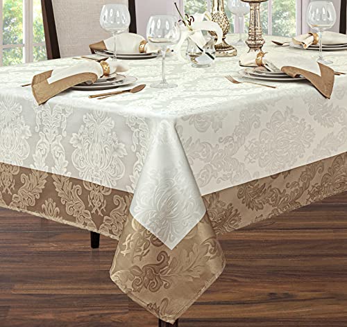 Newbridge Valencia Two Tone Bordered Damask Fabric Tablecloth, Wrinkle And Stain Resistant Fine Dining Holiday Hotel Quality Tablecloth, 52 Inch X 52 Inch Square, Antique Ivory/Gold thumb #2