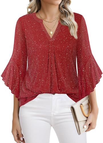 Ninedaily Womens Tops 3/4 Sleeve Dressy Casual Blouses Double Layers V Neck Shirt